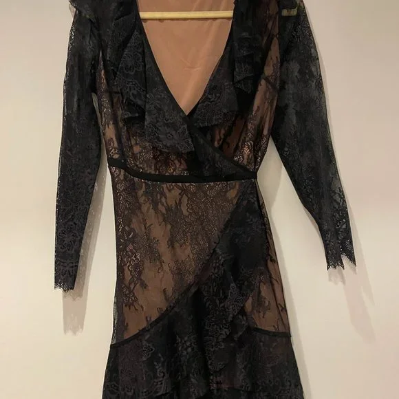 For Love And Lemons Black Lace Long Sleeve Ruffle Mini Dress - Picture 2 of 4